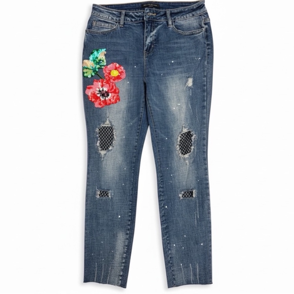 Boston Proper Distressed Blue Jeans with Floral Embroidery